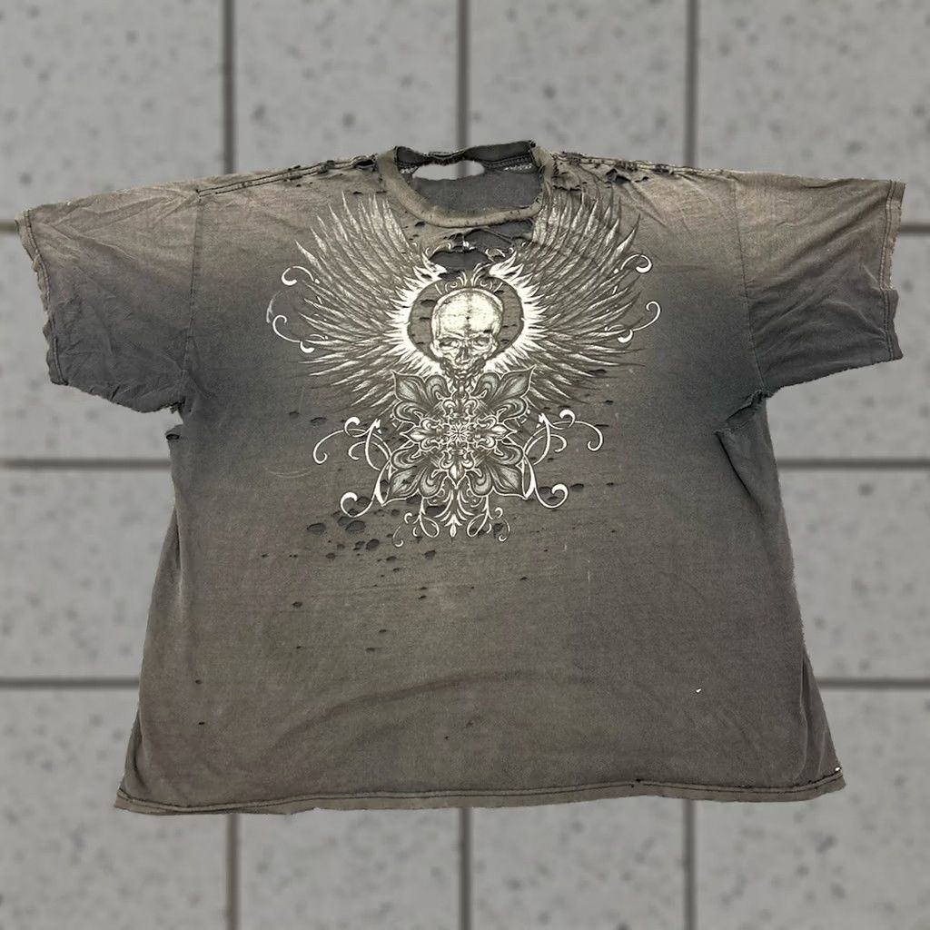 Affliction × Streetwear × Vintage RARE Xzavier Skull Wing Grunge