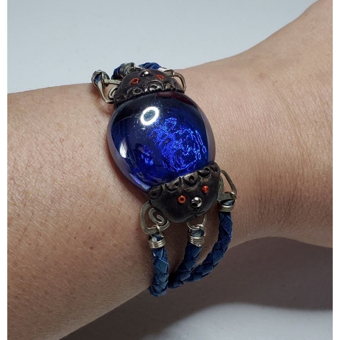 Vintage Handcrafted Cabochon Glass Leather Triple Braid Bracelet Size ONE SIZE - 11 Thumbnail