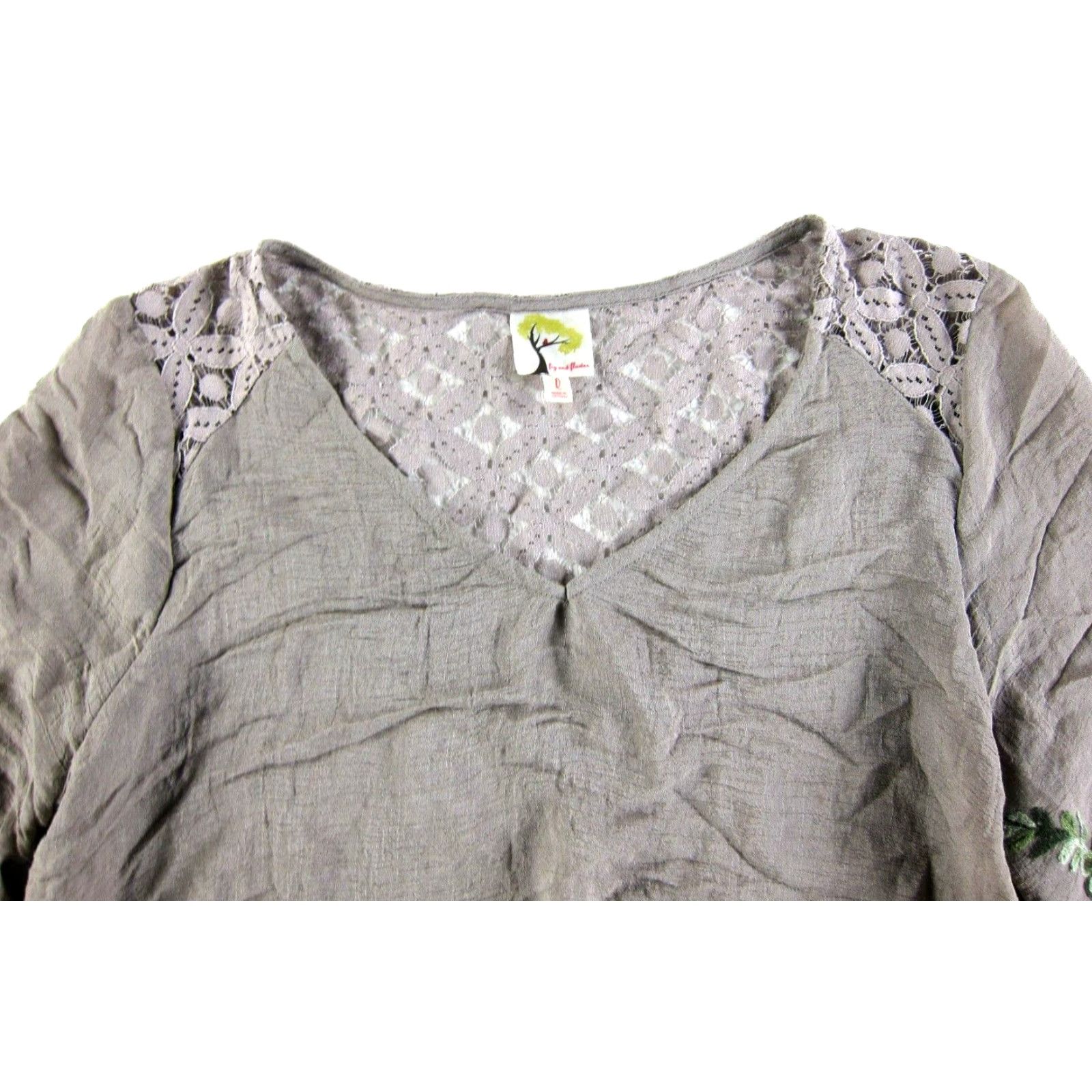 Anthropologie Fig And Flower Brown Pink Embroidered Floral V-Neck Tie Blouse L Size L / US 10 / IT 46 - 4 Thumbnail