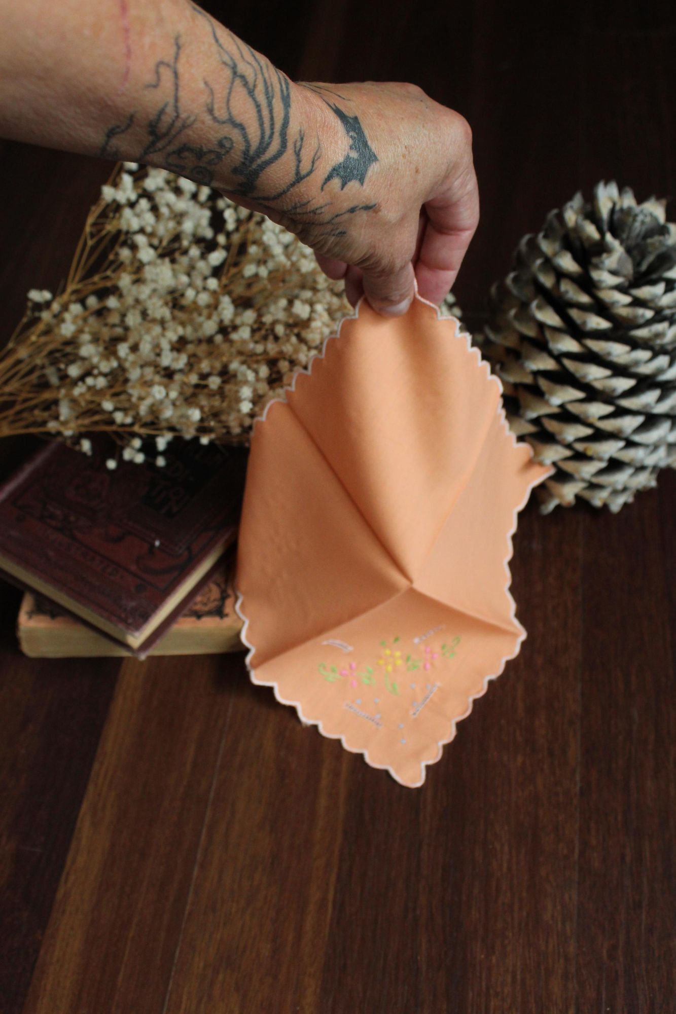 Vintage Vintage Handkerchief, Orange Cotton with Floral Embroidered Size ONE SIZE - 10 Thumbnail
