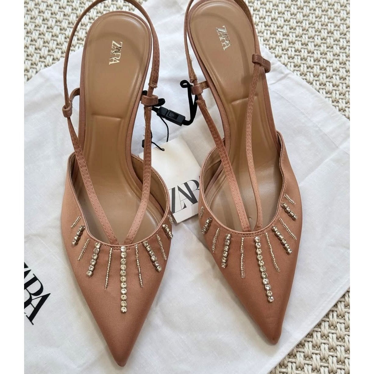 Zara ZARA Beige Rhinestone Slingback Heels NWT Size US 7.5 / IT 37.5 - 14 Thumbnail