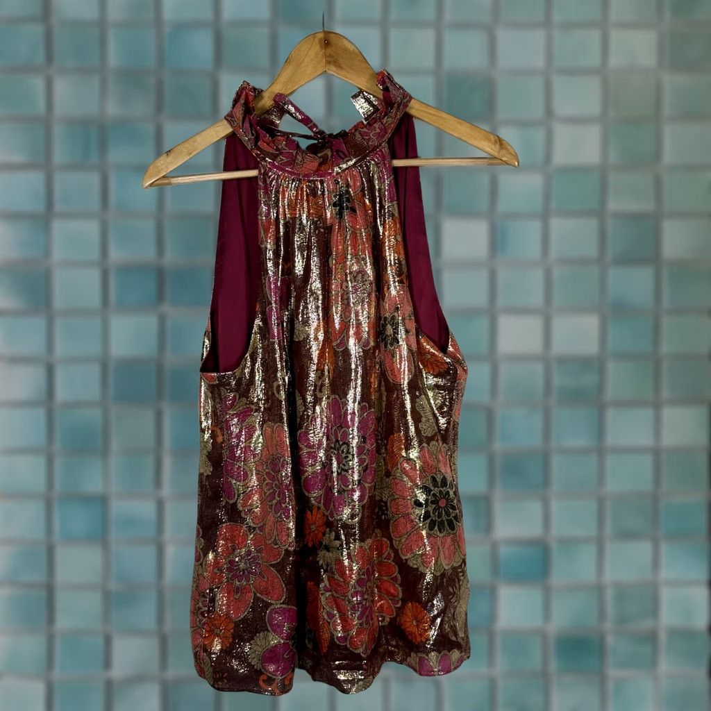 Trina Turk Trina Turk Halter Top Pink Gold Floral Metallic Blouse Large Ruffle Neck Keyhole Size L / US 10 / IT 46 - 1 Thumbnail