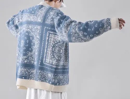 image of New Collection Cool Bandana Kerchief Cardigan Knitwear in Blue, Men's (Size XL)