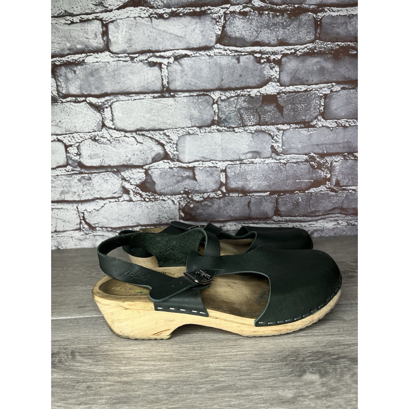 Swedish Hasbeens Swedish Hasbeens Black Leather T-Strap Wooden Clogs Shoes Wo Size US 10.5 / IT 40.5 - 10 Thumbnail