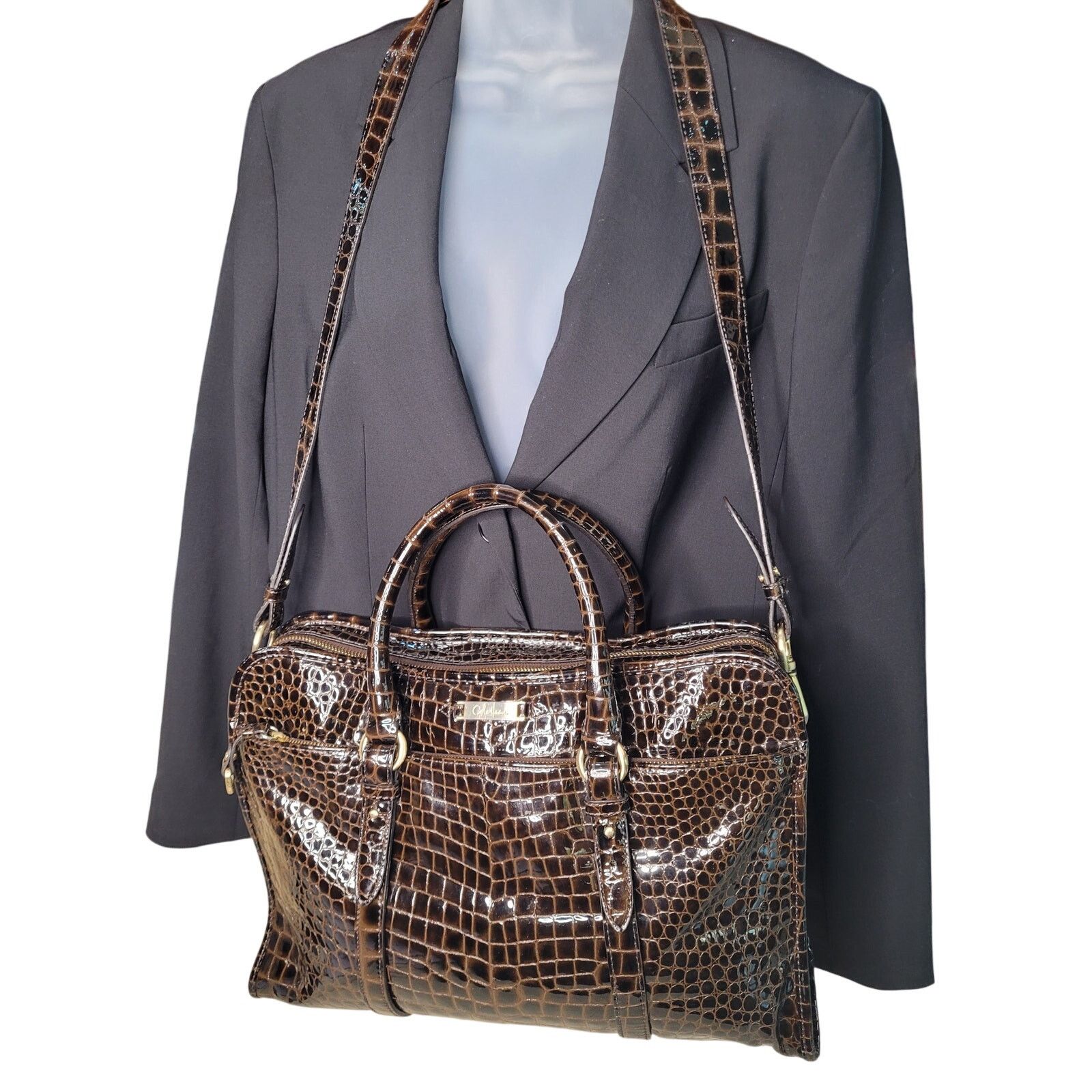 Cole Haan Cole Haan Blk Croc Embossed Leather Satchel/Briefcase Women Size ONE SIZE - 3 Thumbnail