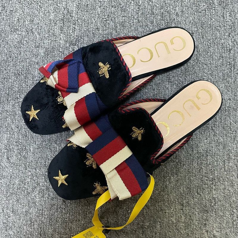 Gucci Embroidered Velvet Slippers with Bee