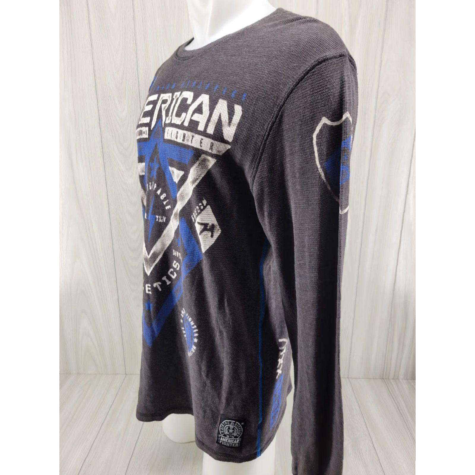 Vintage VINTAGE American Fighter Shirt Long Sleeve Thermal Mens XL Gray Blue MMA Y2k 90s Mens Shirt Size US XL / EU 56 / 4 - 2 Thumbnail