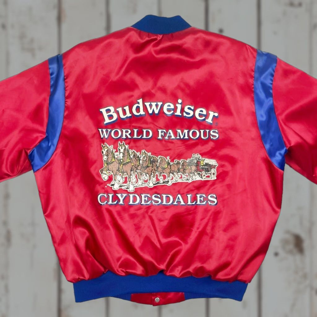 Budweiser VINTAGE Budweiser Clydesdale Satin Bomber Jacket Mens M Red 80s USA Logo Snap Closure Pockets Lightweight Silk-like Nylon Polyester Shirt? Size US M / EU 48-50 / 2 - 1 Thumbnail