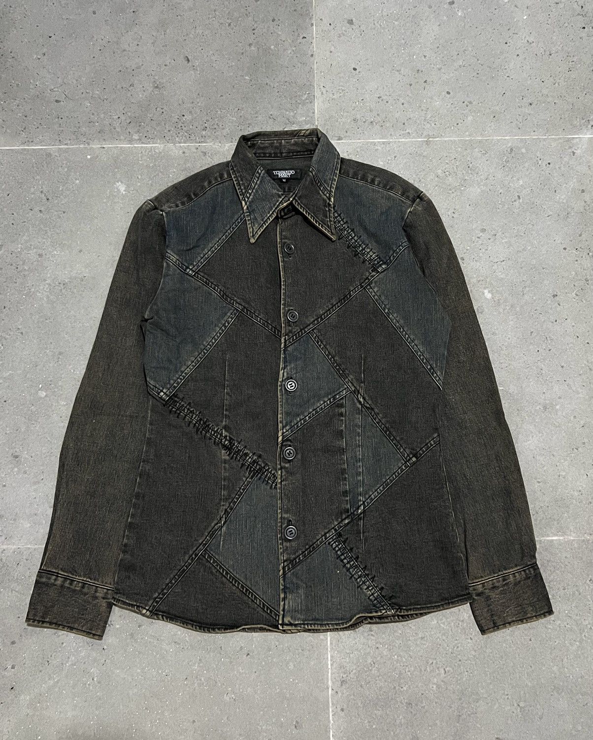 image of If Six Was Nine x Tornado Mart S/s 2003 Tornado Mart Mud Wash Denim Shirt Patchwork in Blue Gray (S