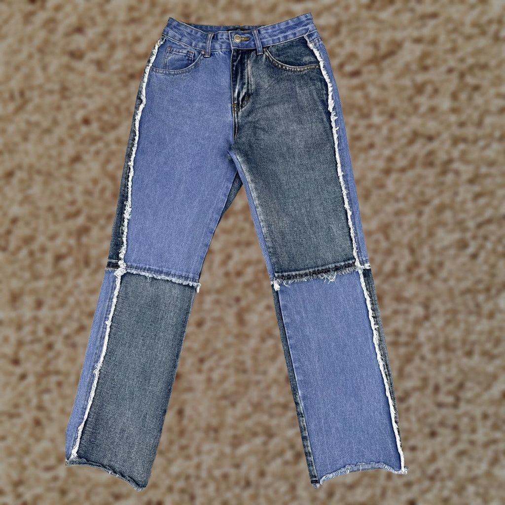 Vintage Cali 1850 Jeans Straight Two Tone High Rise Juniors 1/25 24x28 Blue Med Wash Denim Stretch Pocket Zipper Button Size 25" / US 0 / IT 36 - 1 Thumbnail