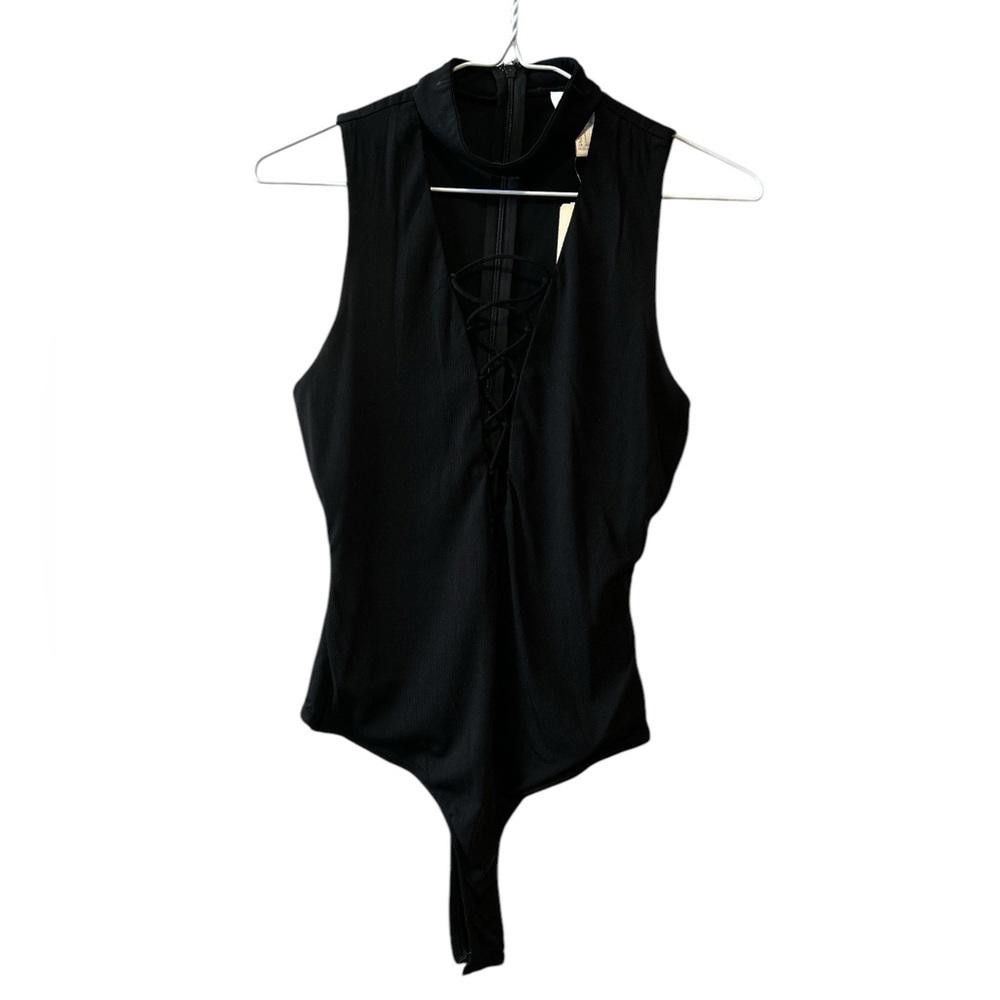Forever 21 BNWT Forever 21 Black Ribbed Lace-Up Bodysuit Size S / US 4 / IT 40 - 1 Thumbnail