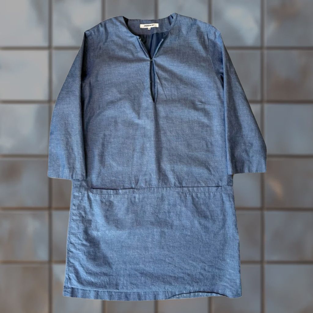 Vintage Emerson Fry Chambray Mod Dress Women's Small Blue V Neck 3/4 Sleeve Midi Casual White Logo - Mens? Size S / US 4 / IT 40 - 1 Thumbnail