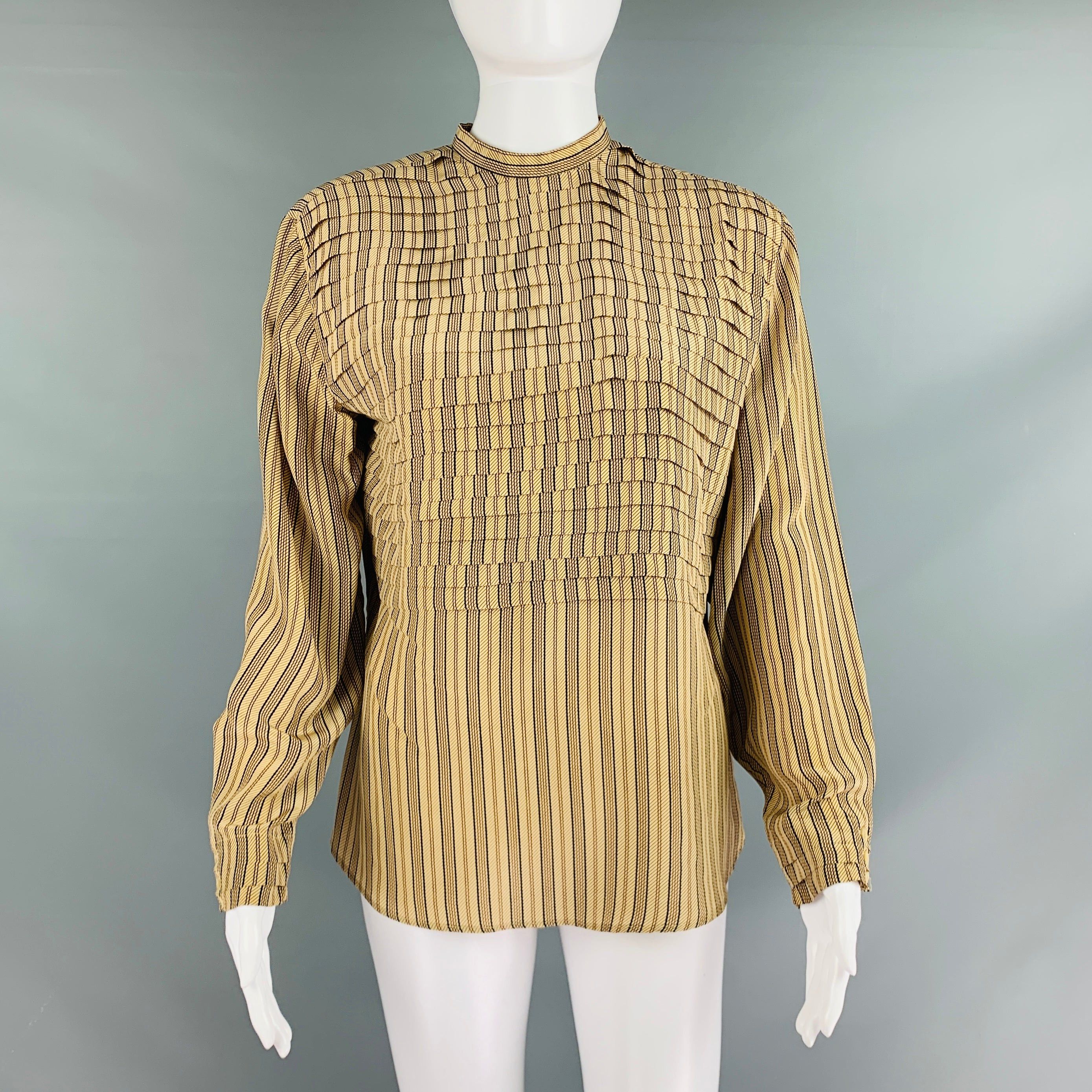 image of Giorgio Armani Beige Burgundy Silk Stripe Pleated Blouse, Women's (Size Medium)