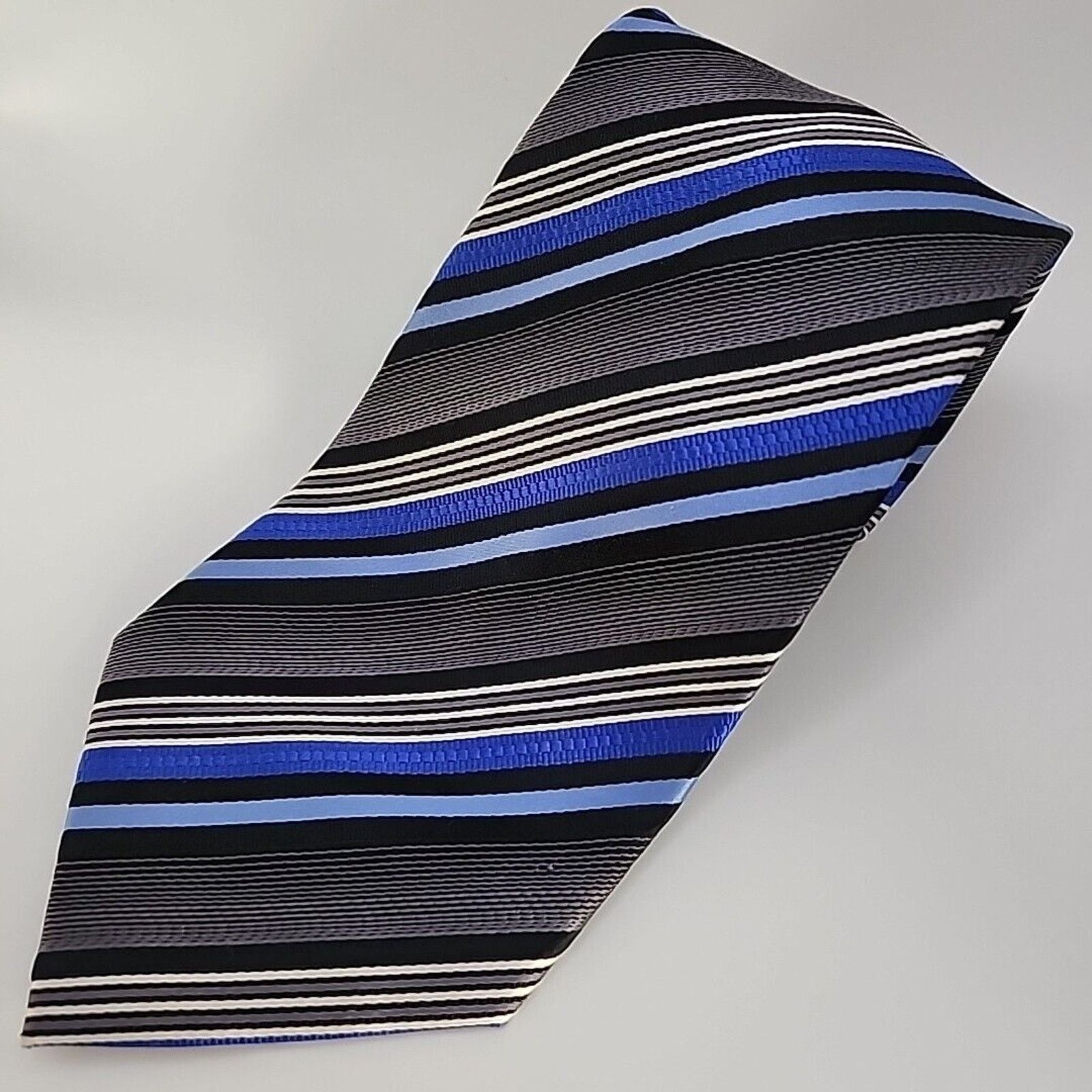 Other Ertu Silk Necktie Classic Blue-Silver-Black Stripes Like New Size ONE SIZE - 3 Thumbnail