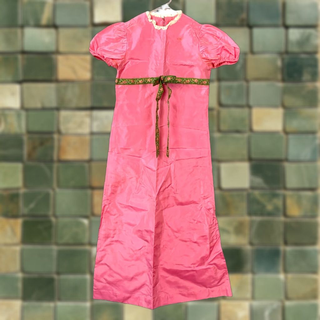 Pinko VINTAGE 1960s Pink Sateen Long Short Sleeve Empire Waist Dress Chest 32" STAINS Handmade Satin Eveningwear 60s Womens Size 31" - 1 Thumbnail