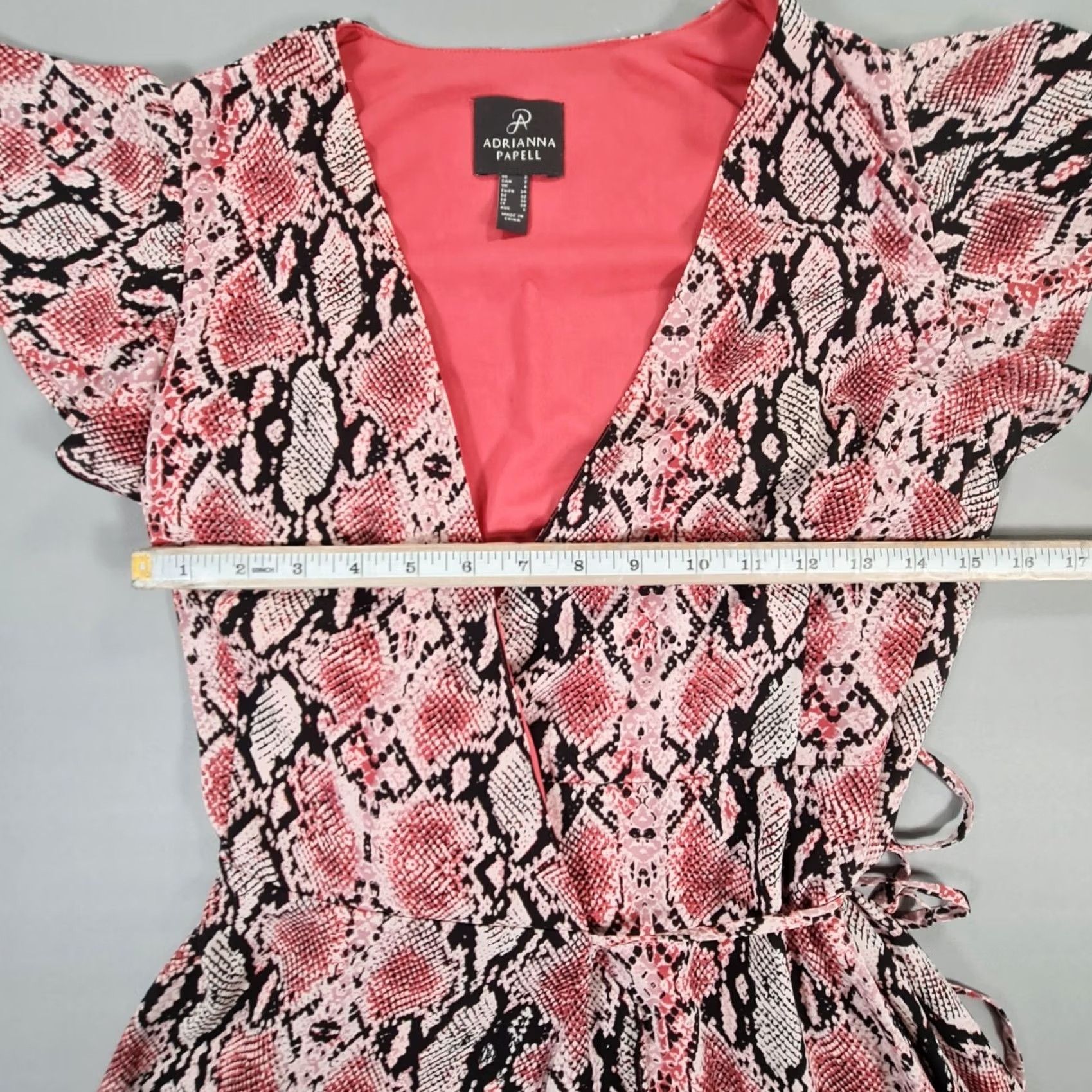 Adrianna Papell Adrianna Papell Womens Midi Dress Pink 6 UK Snake Pattern Wrap Front Frill Dress Size M / US 6-8 / IT 42-44 - 4 Thumbnail