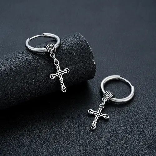 Jewelry Silver Cross Dangle Hoop Earrings, Men's Gothic Jewelry Size ONE SIZE - 8 Thumbnail