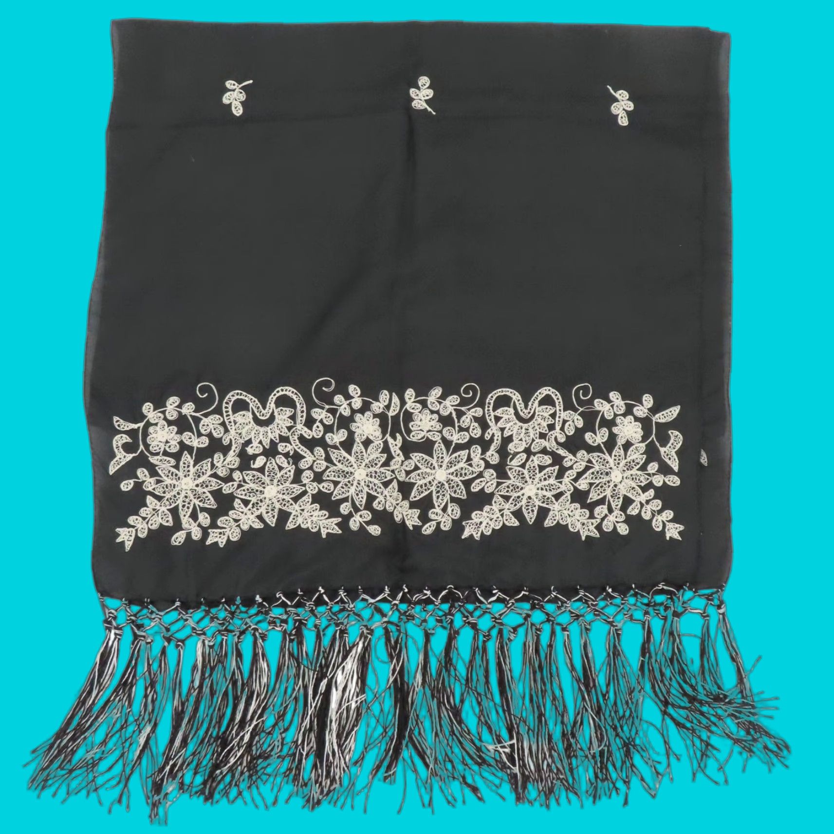 Vintage April Cornell Scarf Womens Silk Floral Embroidered Fringe Rectangle Black 71" 20.25" Multifunctional Vintage? No Size ONE SIZE - 1 Thumbnail