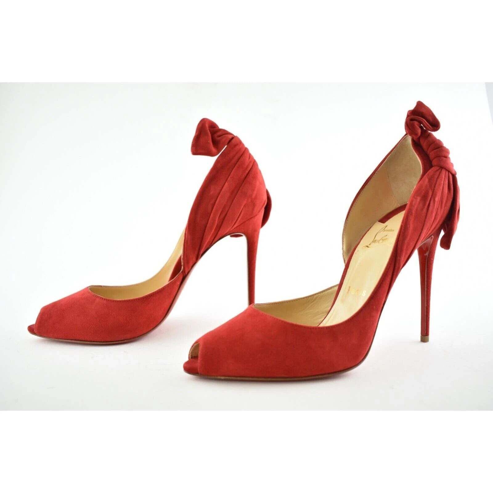 Christian Louboutin Barbara 100 Oeillet Red Suede Peep Toe Bow Heel Pump 39.5 Size US 9.5 / IT 39.5 - 7 Thumbnail