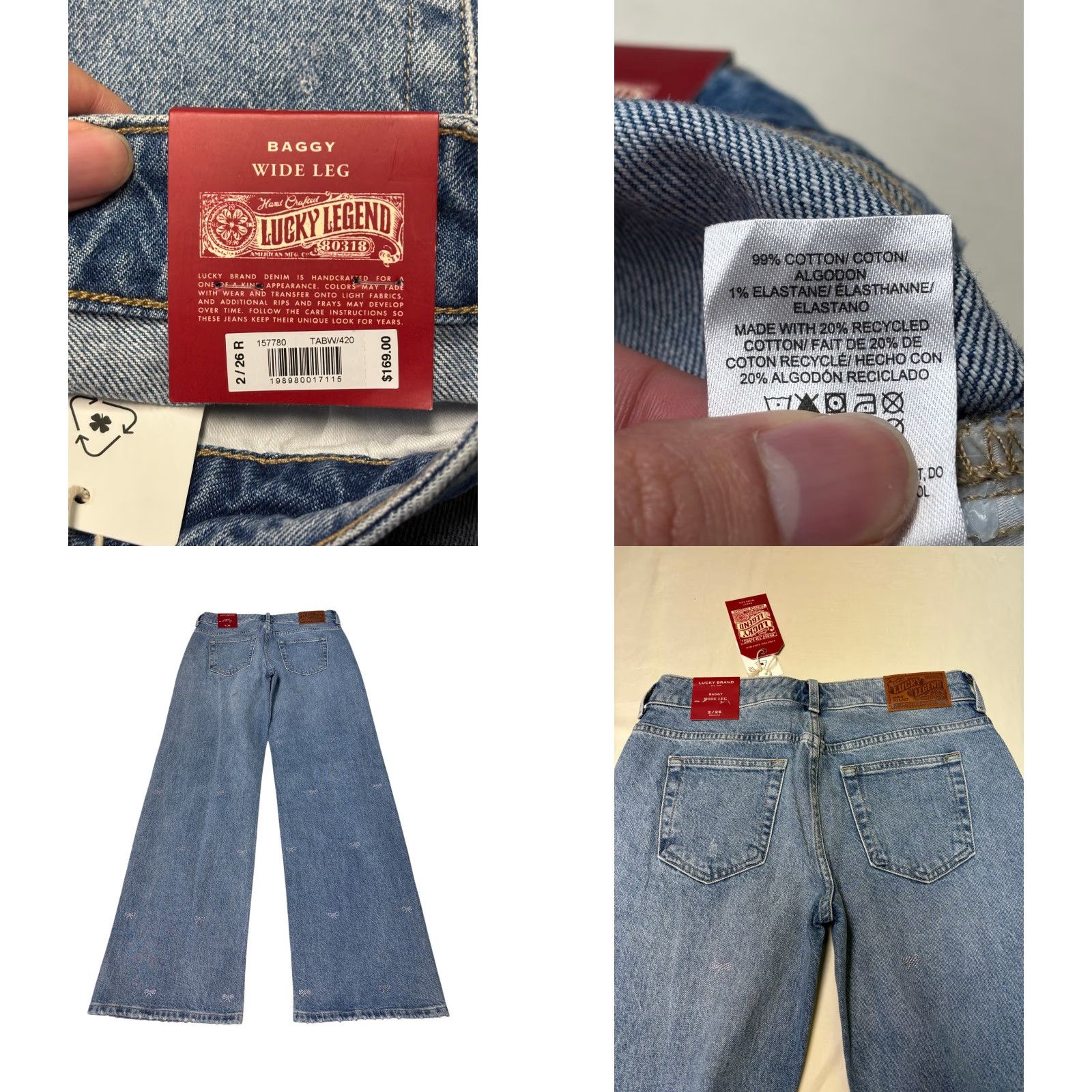 Lucky Brand Lucky Brand Lucky Legend Baggy Wide Leg Jeans Rhinestone Bow 32x32 NWT Women Blue Denim 26 5-Pocket Distressed Vintage Bohemian Size 26" / US 2 / IT 38 - 8 Thumbnail