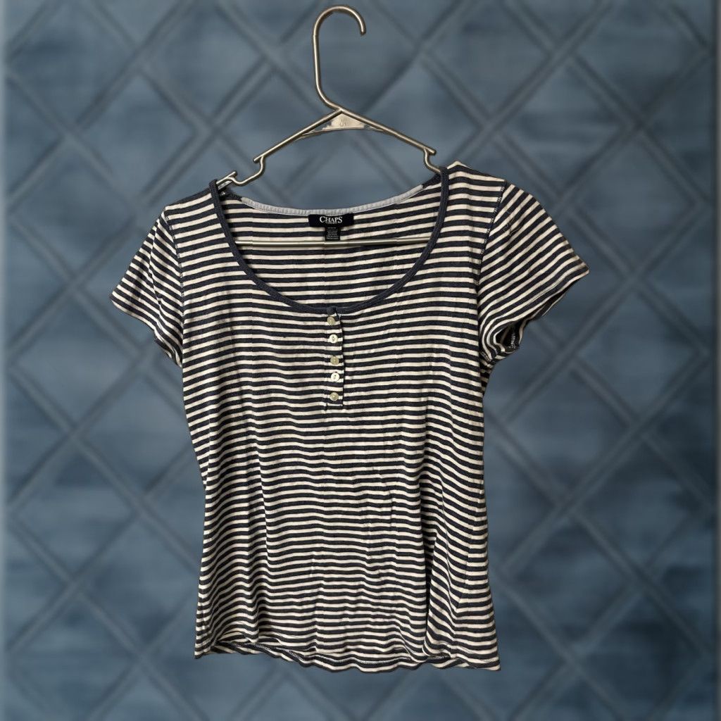 Chaps Chaps Denim T-Shirt Women Blue Striped Henley Short Sleeve M Preppy Casual Shirt Size M / US 6-8 / IT 42-44 - 1 Thumbnail