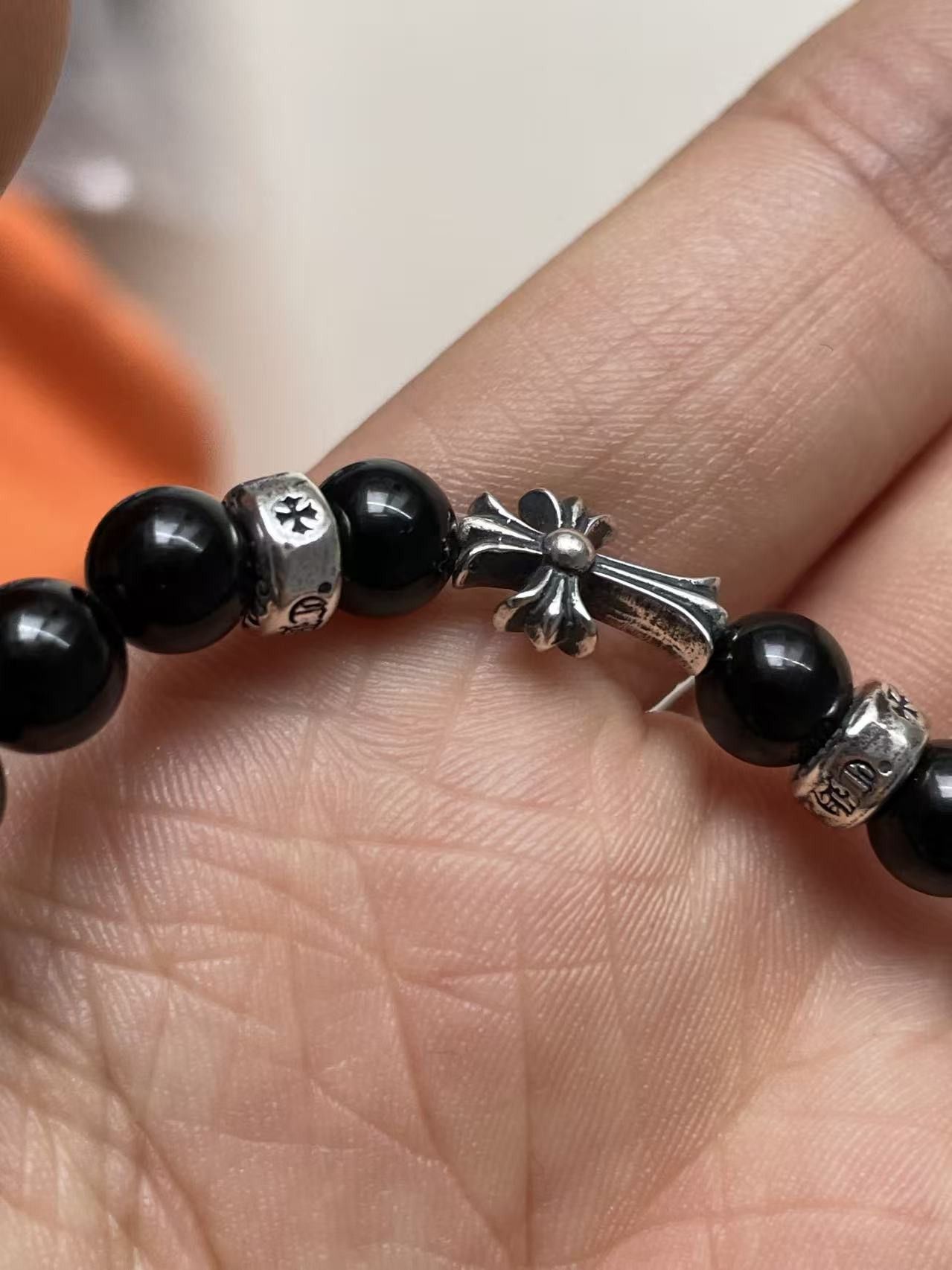 Chrome Hearts Chrome Hearts 6mm Obsidian 3 Silver Cross Bracelet Size ONE SIZE - 11 Thumbnail