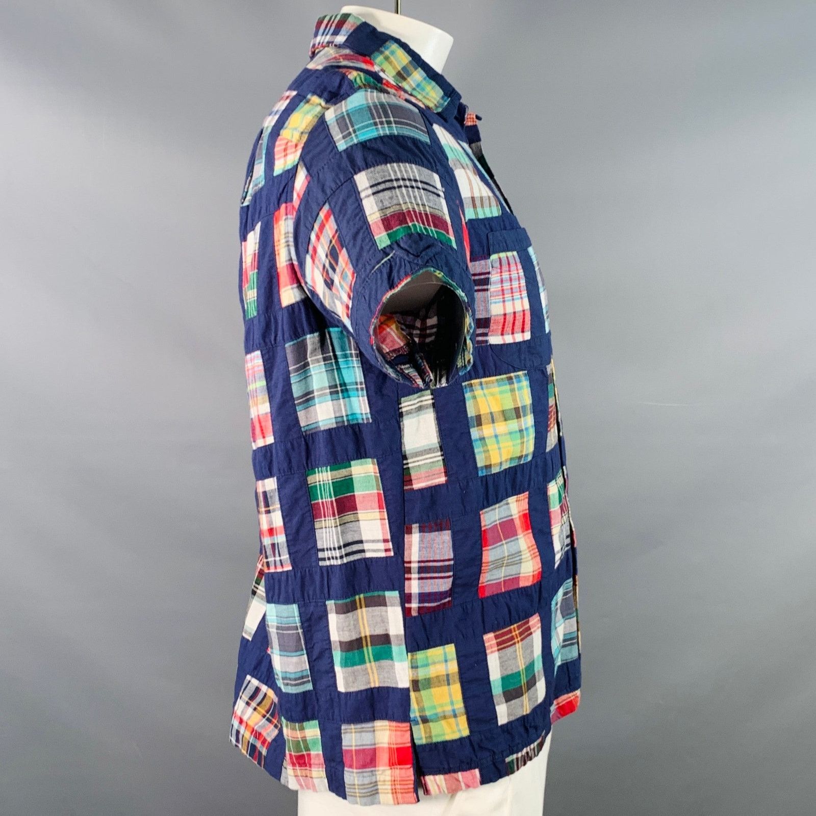 Monitaly Navy Multi Color Madras Cotton Two Pockets Short Sleeve Size US L / EU 52-54 / 3 - 3 Thumbnail