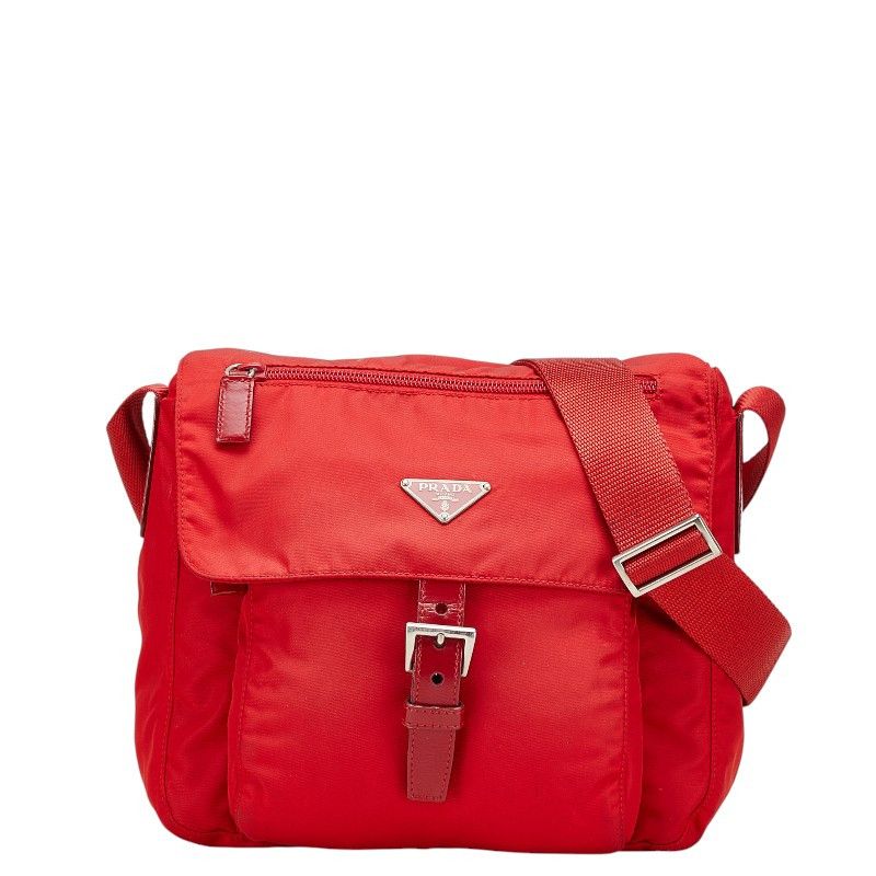 Prada Prada Triangle Logo Plate Nylon Leather Shoulder Bag Leather Crossbody Bag Bt8994 in Red, Women's
