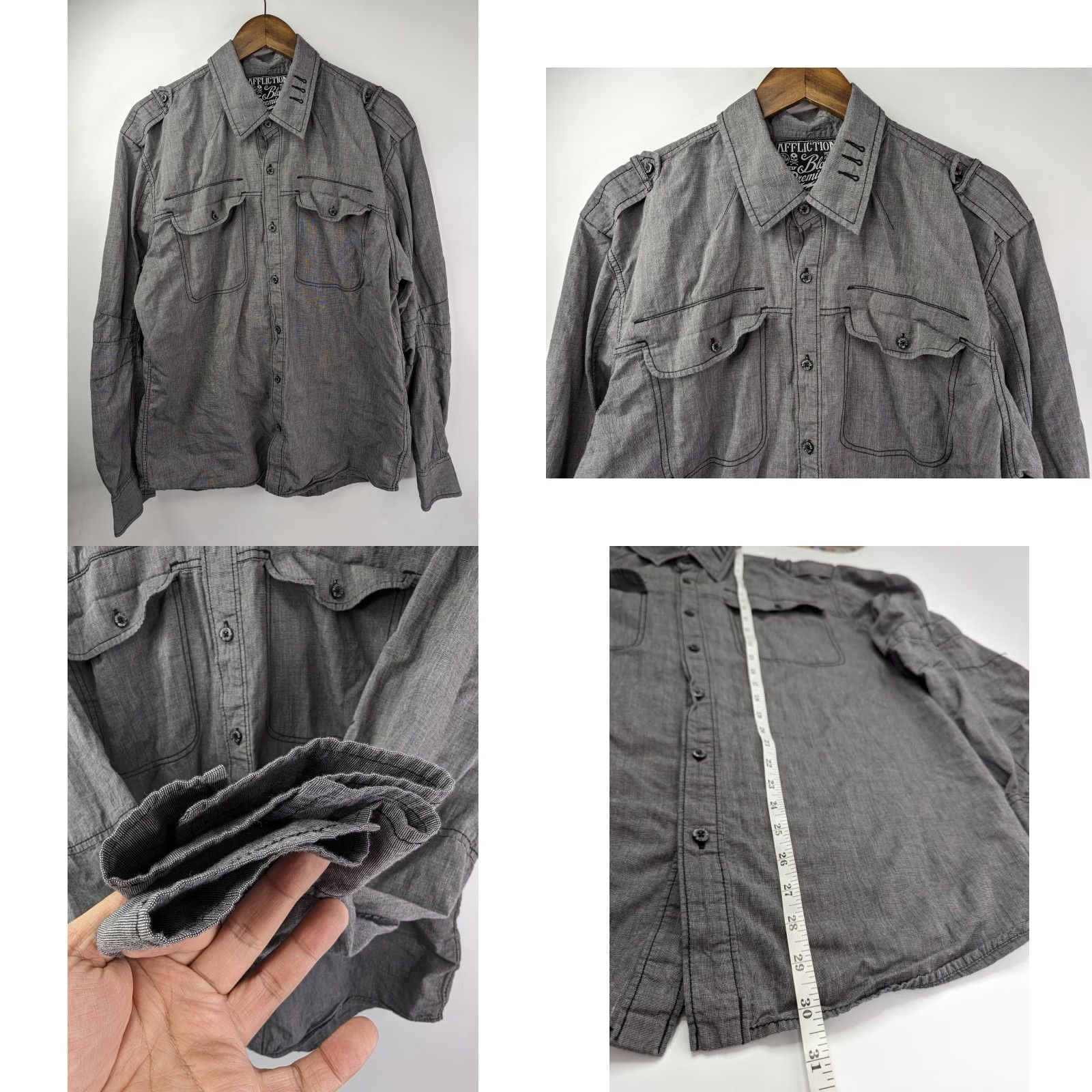 Affliction Affliction Button-Up Long Sleeve Gray 2XL Embroidered Live Fast Cross Black Premium 100% cotton Mens Shirt Size US XXL / EU 58 / 5 - 8 Thumbnail