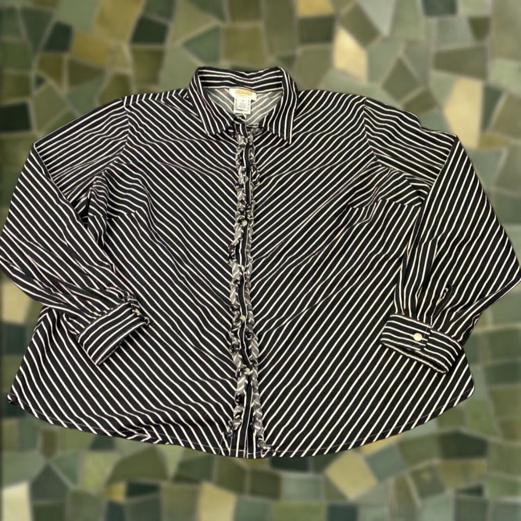 Talbots Talbots Shirt Womens 1X Black/White Striped Button Up Ruffled Size XL / US 12-14 / IT 48-50 - 1 Thumbnail
