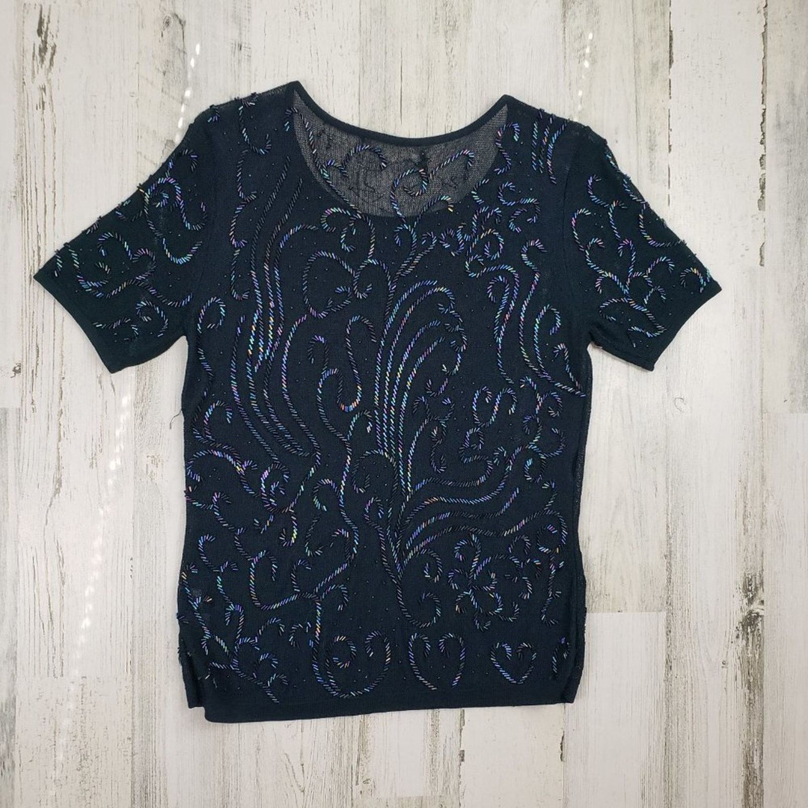 Other Navy Blue Loose Knit Beaded Embellished Semi- Sheer Blouse Size ONE SIZE - 6 Thumbnail