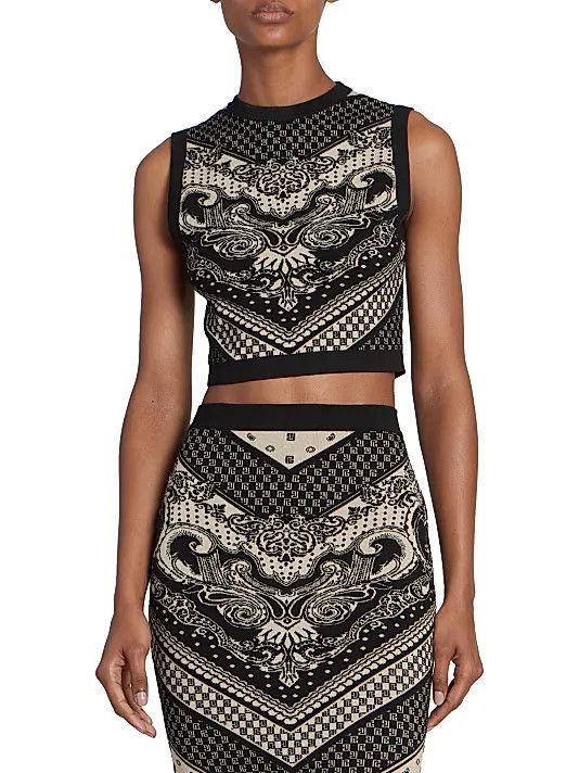 Balmain o1s1wg110825 Paisley & Monogram Sleeveless Crop Top in Black Size XL / US 12-14 / IT 48-50 - 2 Thumbnail