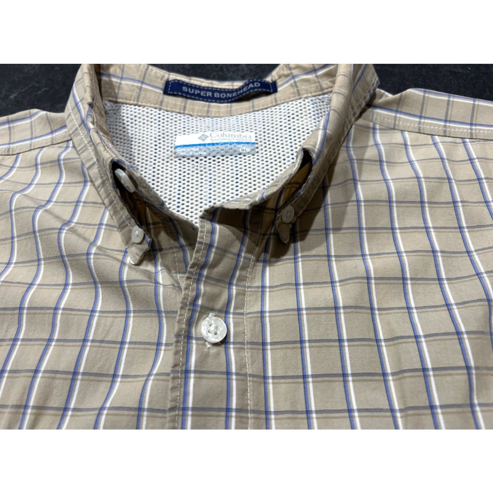 Vintage Columbia PFG Omni-Shade Bonehead Shirt Mens Large Plaid Short Sleeve Beige Cotton Polyester Outdoorsman UV Breathable Fishing Vented Pocketed Size US L / EU 52-54 / 3 - 6 Thumbnail