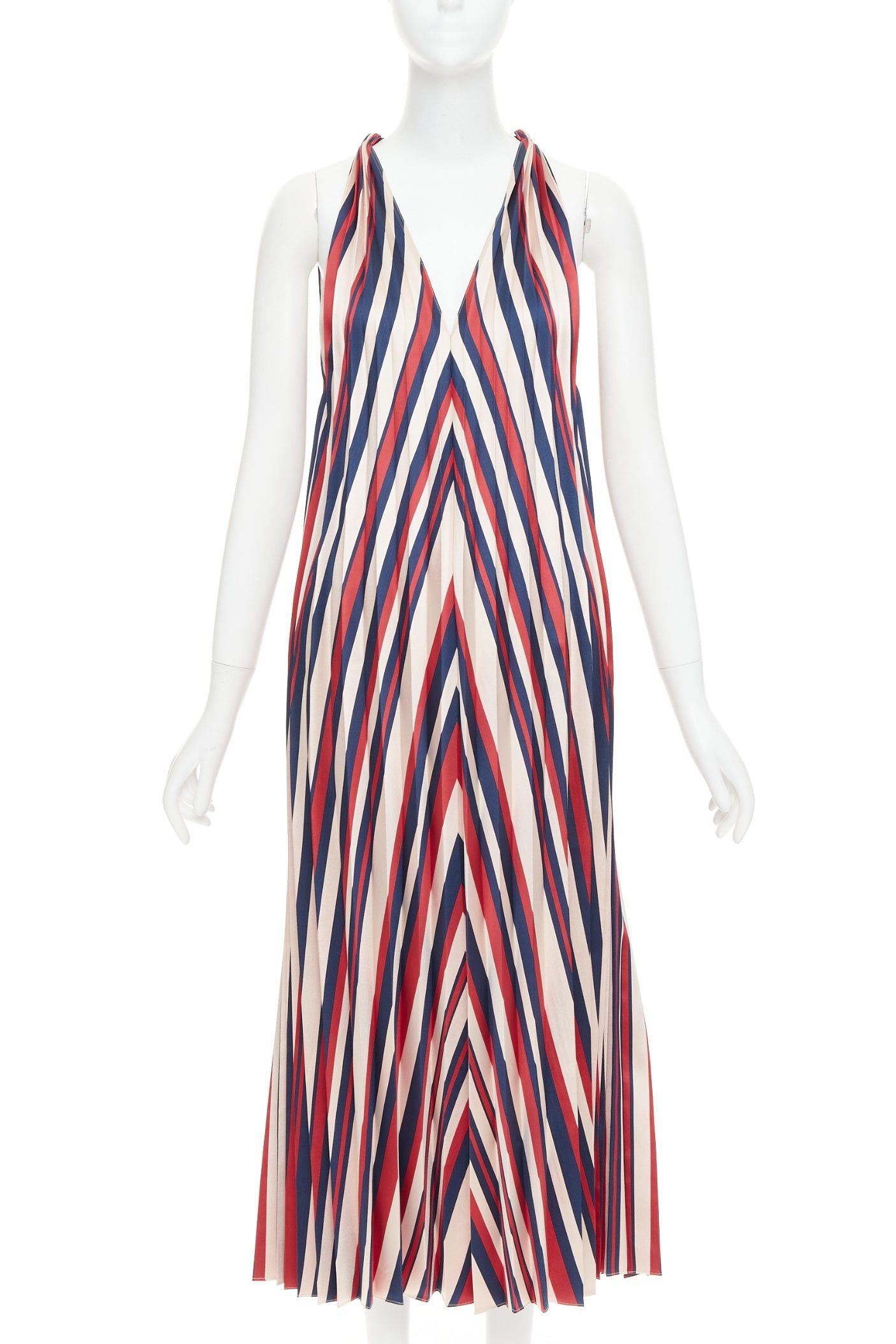 Other TOME beige red navy chevron print pleated V neck black trim midi dress S Size S / US 4 / IT 40 - 1 Thumbnail
