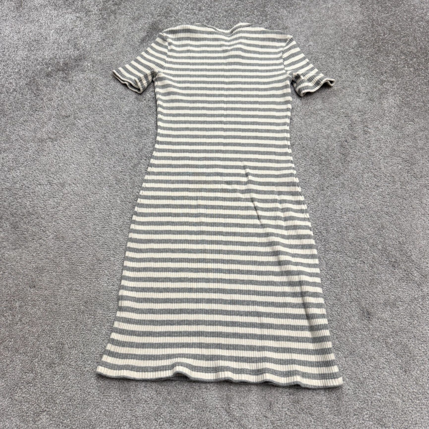 Theory Theory Bodycon Midi Dress Womens XSP Gray White Striped Crew Neck Knit Ribbed Cotton Blend Short Sleeve Vintage No Size XS / US 0-2 / IT 36-38 - 2 Thumbnail