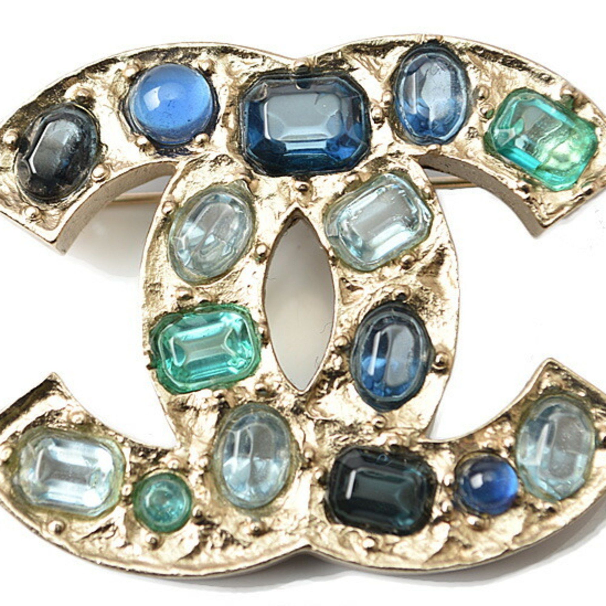 image of Chanel Brooch Pin Here Mark Rhinestone Blue Multi Gold, Women's