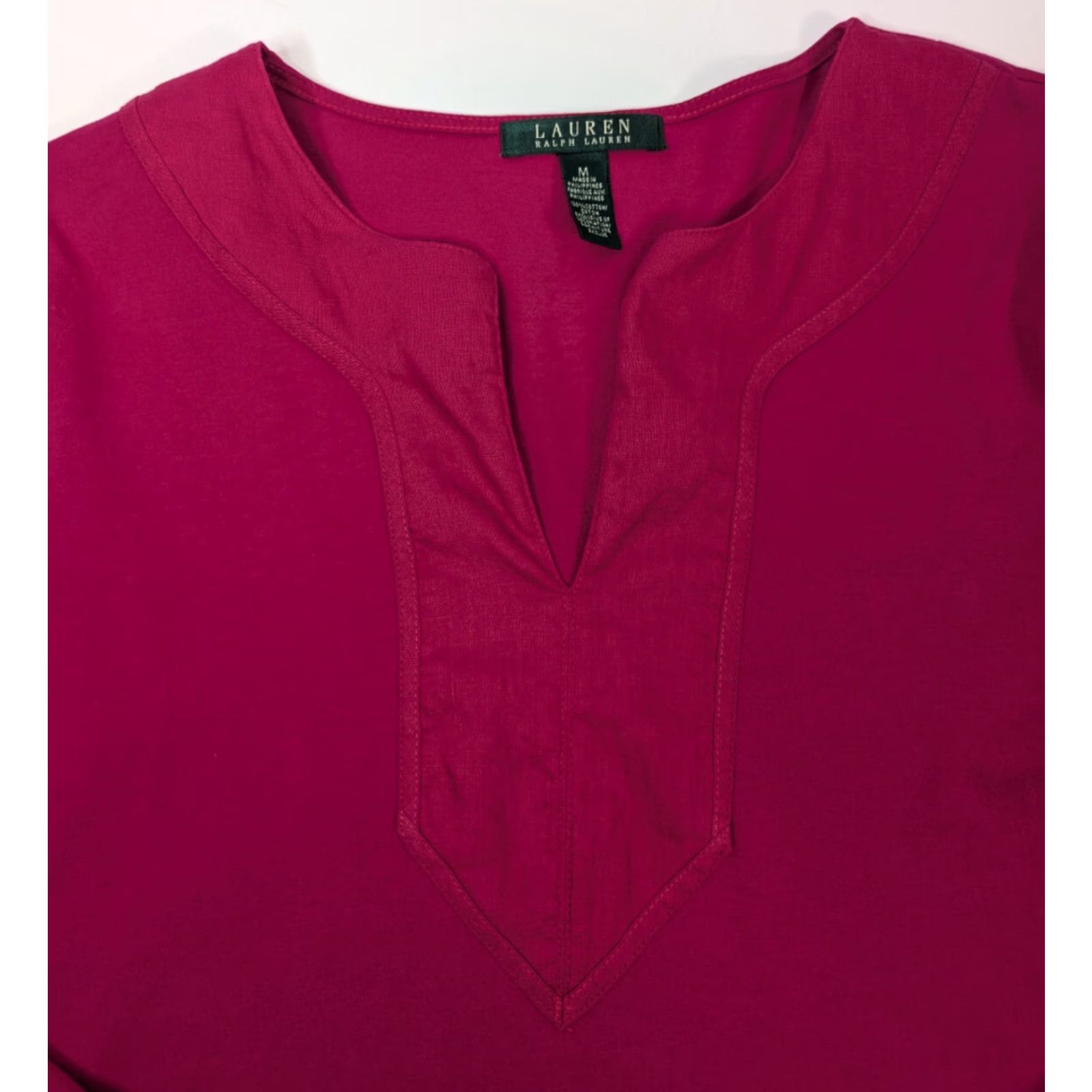 Ralph Lauren Lauren Ralph Lauren Womens Medium Cotton 3/4 Sleeve V-Neck Hot Pink Blouse Shirt Size M / US 6-8 / IT 42-44 - 6 Thumbnail