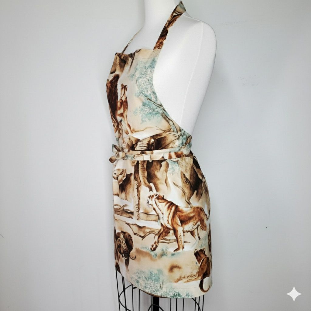 Handmade Apron Size S/M NEW Animal Print Elephant Lion Long Ties Hand Size ONE SIZE - 2 Thumbnail