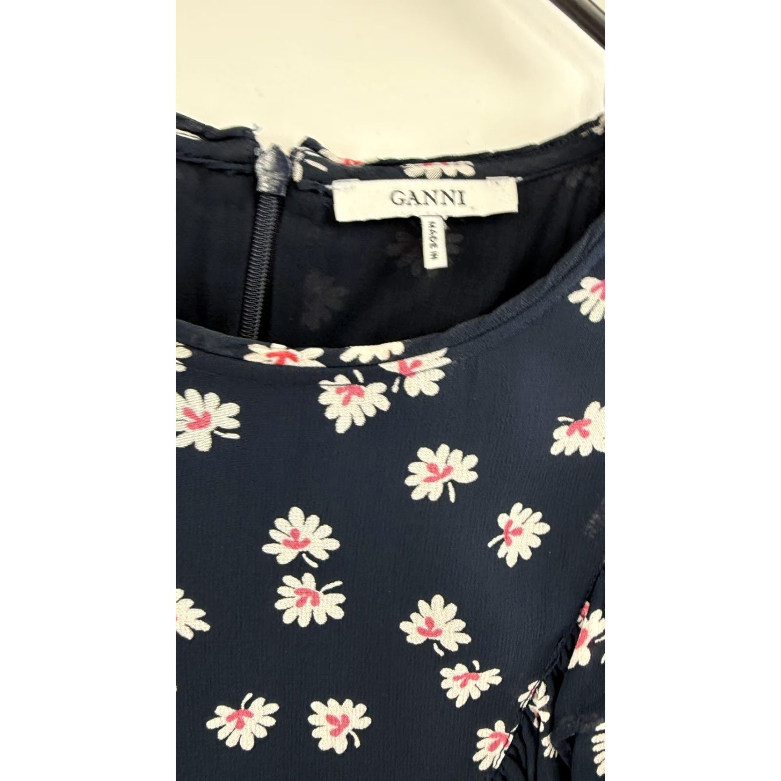 Ganni Ganni Dress Womens 34 Navy Blue Ruffle Georgette Daisy Floral Long Sleeve Mini Size XXS / US 00 / IT 34 - 2 Thumbnail