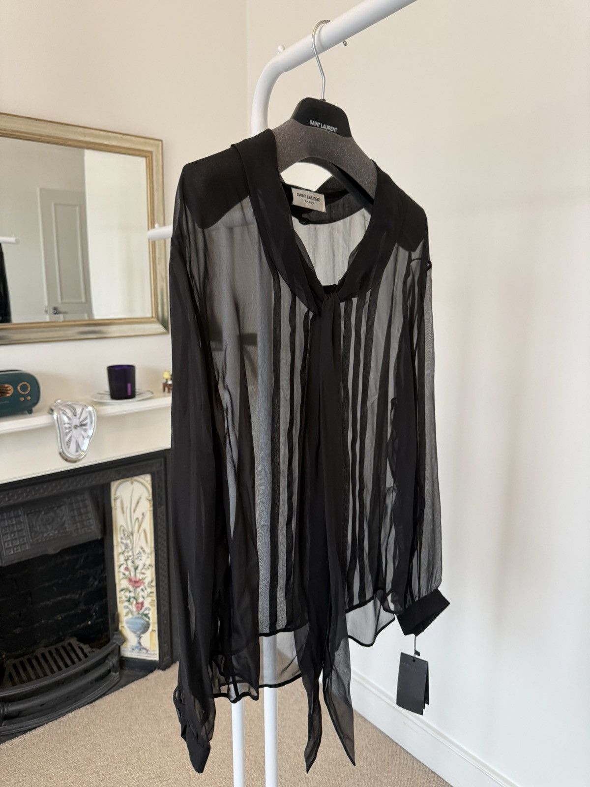 Saint Laurent Paris FW23 Saint Laurent Lavalliere-Neck Shirt in Silk Muslin Size US XS / EU 42 / 0 - 3 Thumbnail