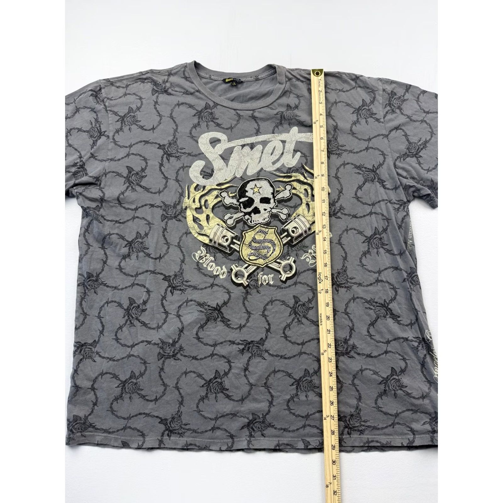 Vintage Smet Shirt Mens 2XL Gray Skull Rhinestone Graphic Tee Biker Blood For Blood USA Shirt Size US XXL / EU 58 / 5 - 5 Thumbnail
