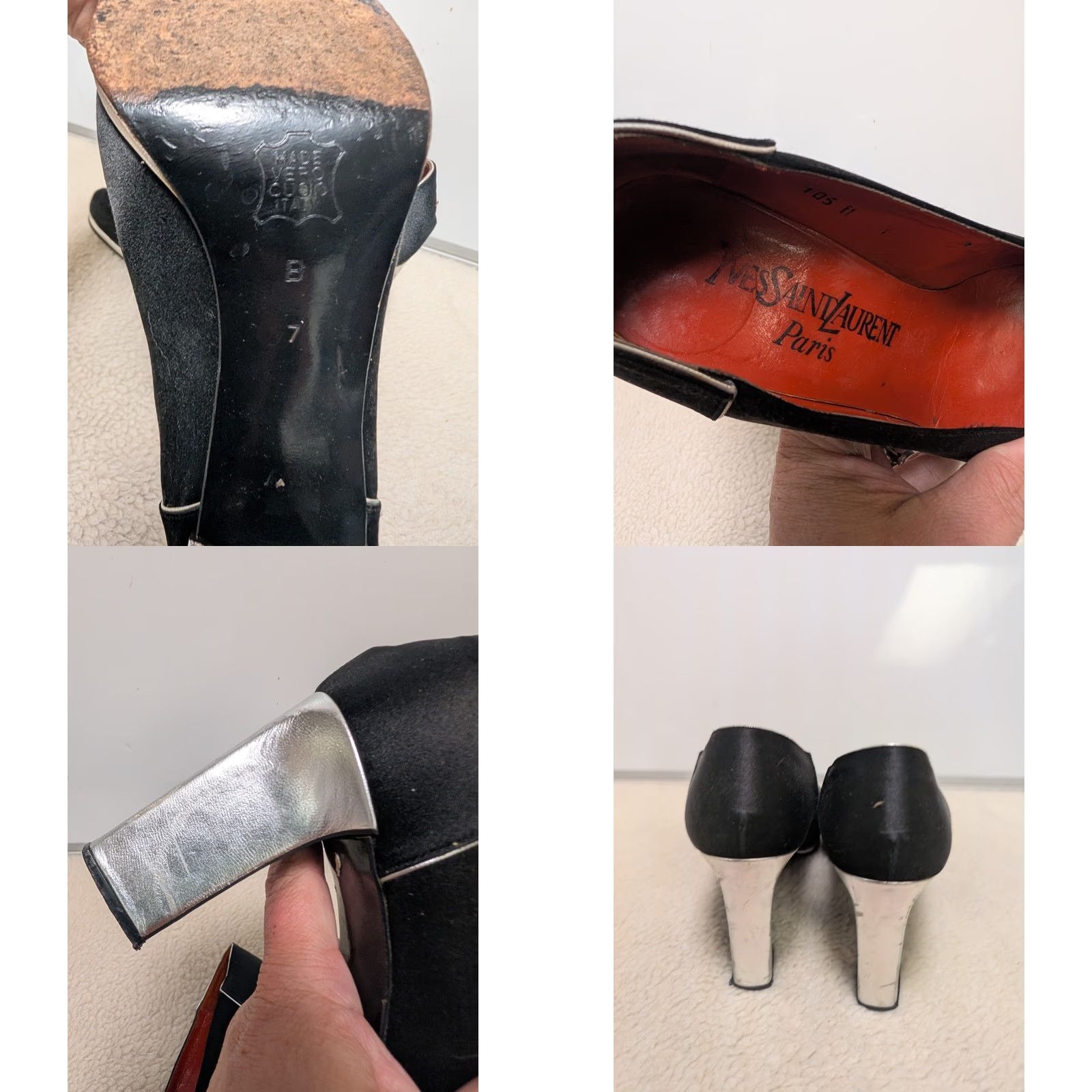 Yves Saint Laurent VINTAGE Yves Saint Laurent Pumps Black Satin Taffeta Silver Block Heel 7 Womens 1970s Size US 7 / IT 37 - 8 Thumbnail