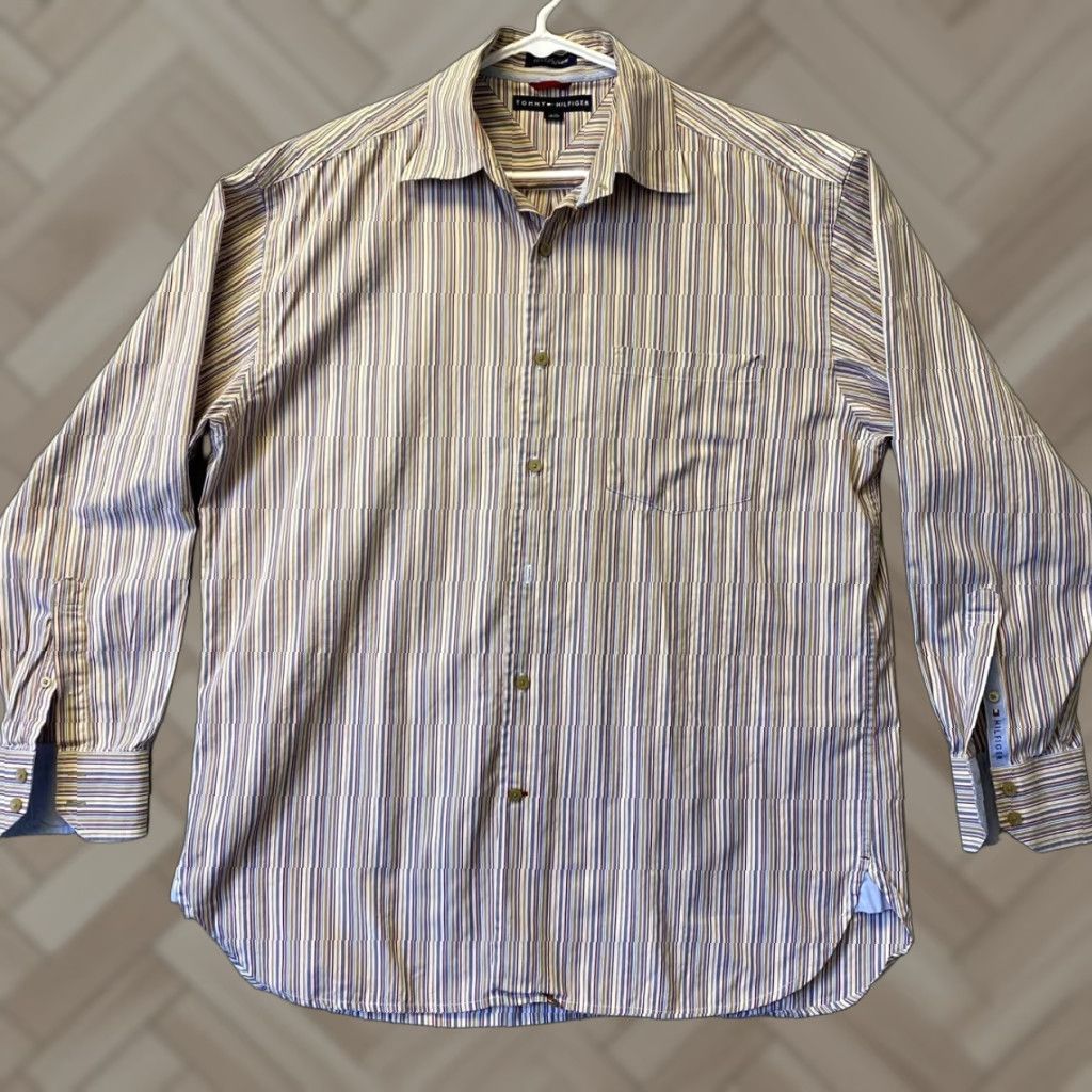 Tommy Hilfiger VINTAGE Tommy Hilfiger Button-Up Shirt Large Striped Brown Long Sleeve Casual Mens Size US L / EU 52-54 / 3 - 1 Thumbnail
