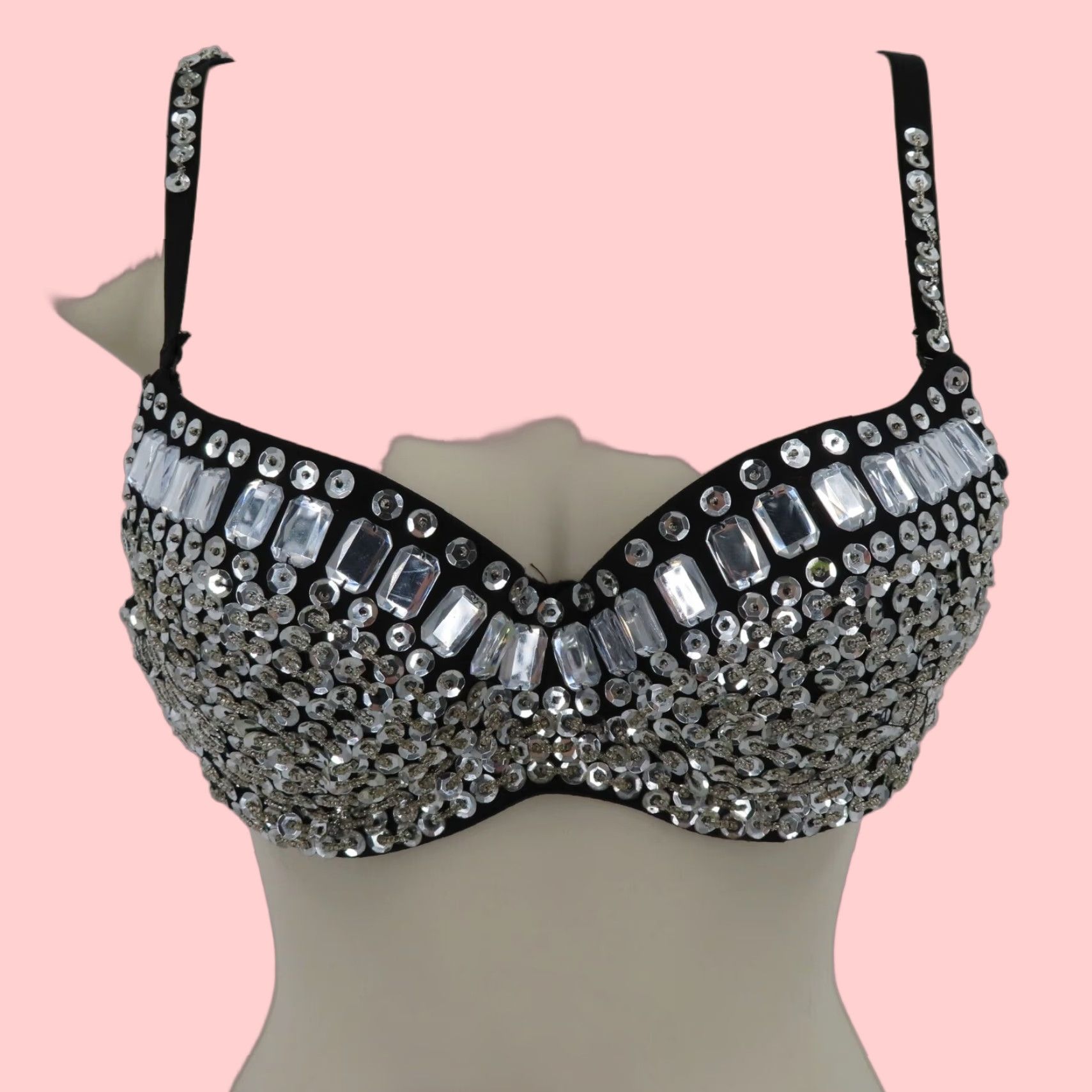 Vintage Body O Womens Medium Silver Rhinestone Beaded Sequin Black Underwire Padded Bra