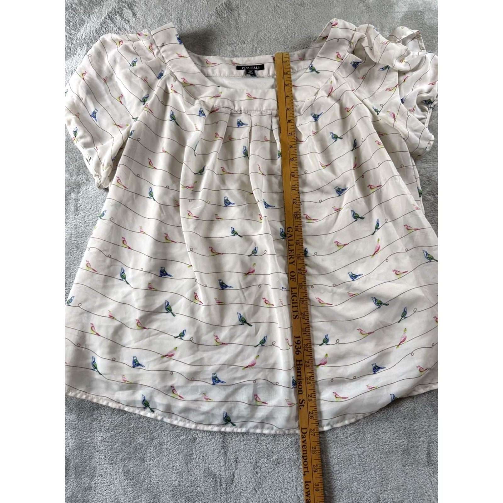 Vintage Roz And Ali Womens Bird Print Chiffon Blouse Top 3X Ivory Short Sleeve Cottage Size XXL / US 16-18 / IT 52-54 - 6 Thumbnail