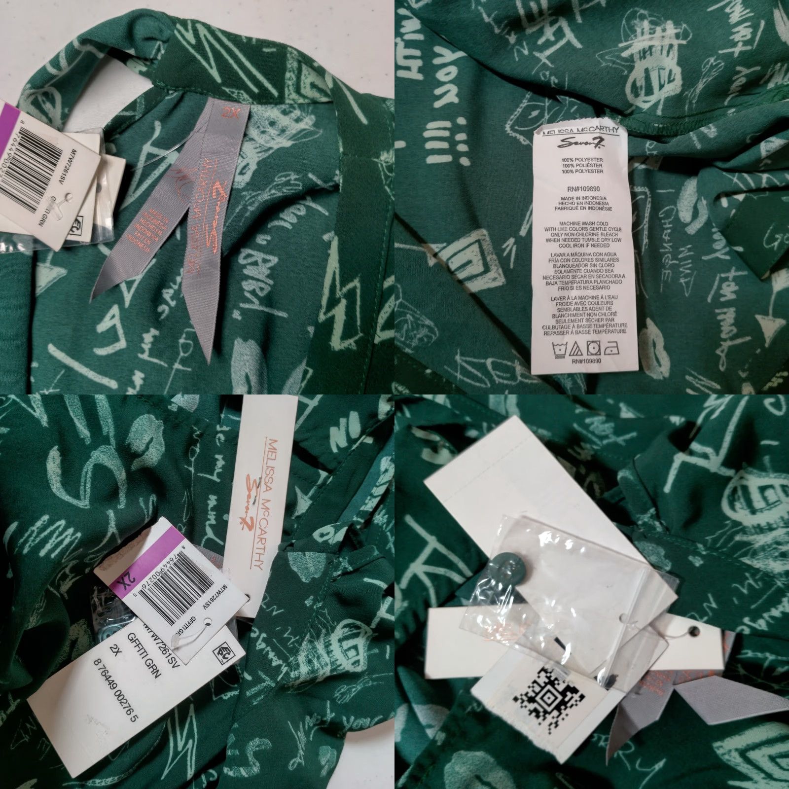 Melissa Melissa McCartney Seven Shirt Blouse Plus Size 2X Green Graffiti Long Sleeve Top Size XXL / US 16-18 / IT 52-54 - 8 Thumbnail