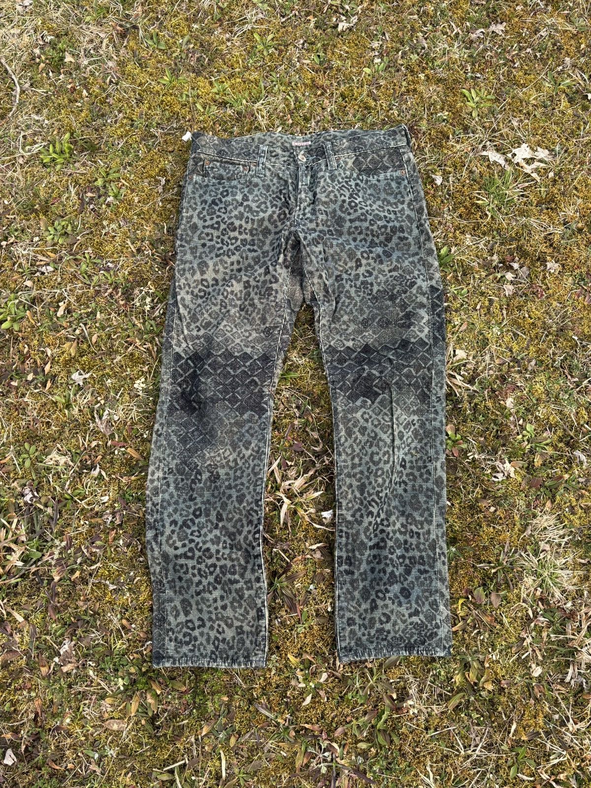 image of Kapital Coptic Leopard Corduroy Pants Blue in Dark Blue, Men's (Size 30)