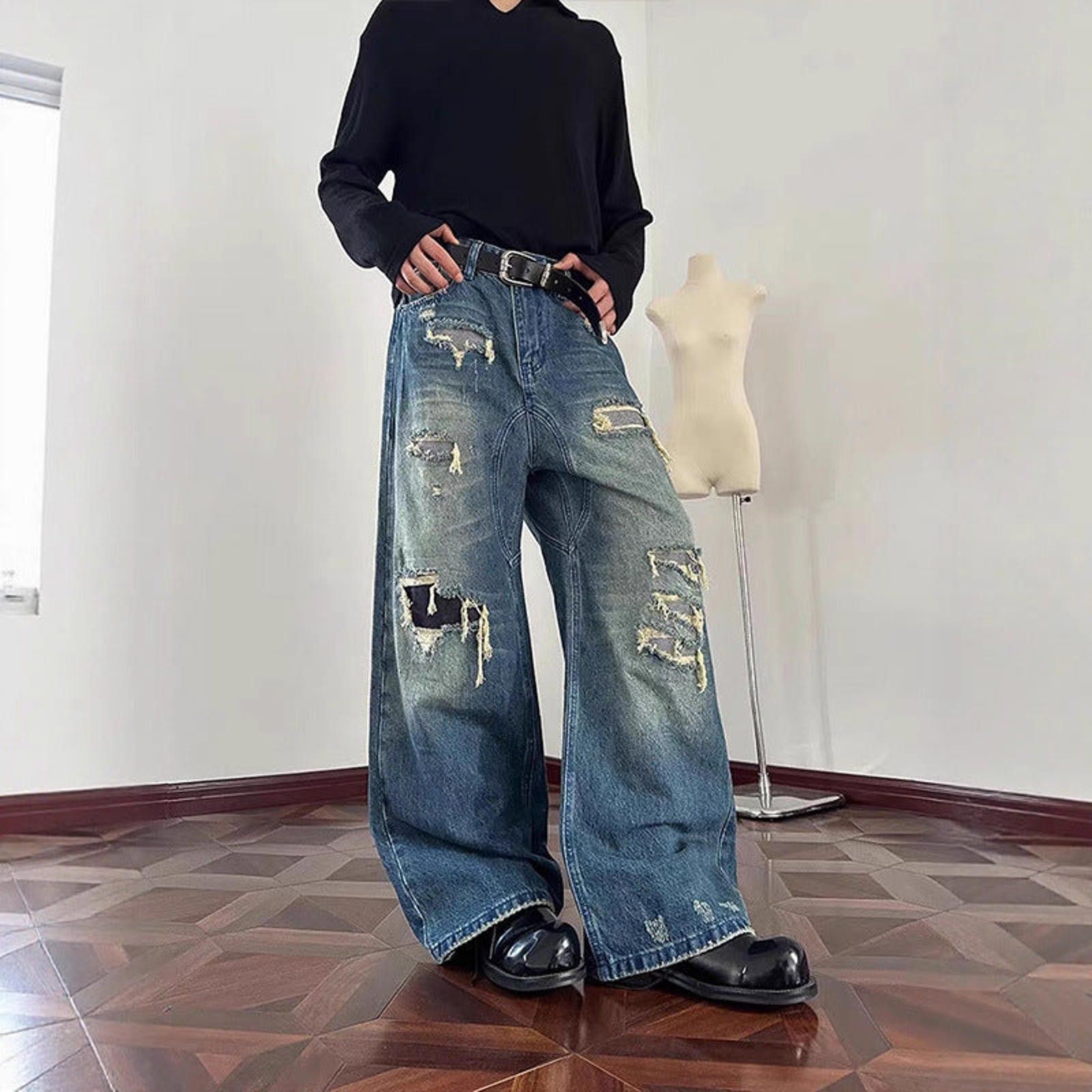 Vintage Blue Distressed Wide Leg Jeans, Baggy Denim Pants Size US 32 / EU 48 - 6 Thumbnail