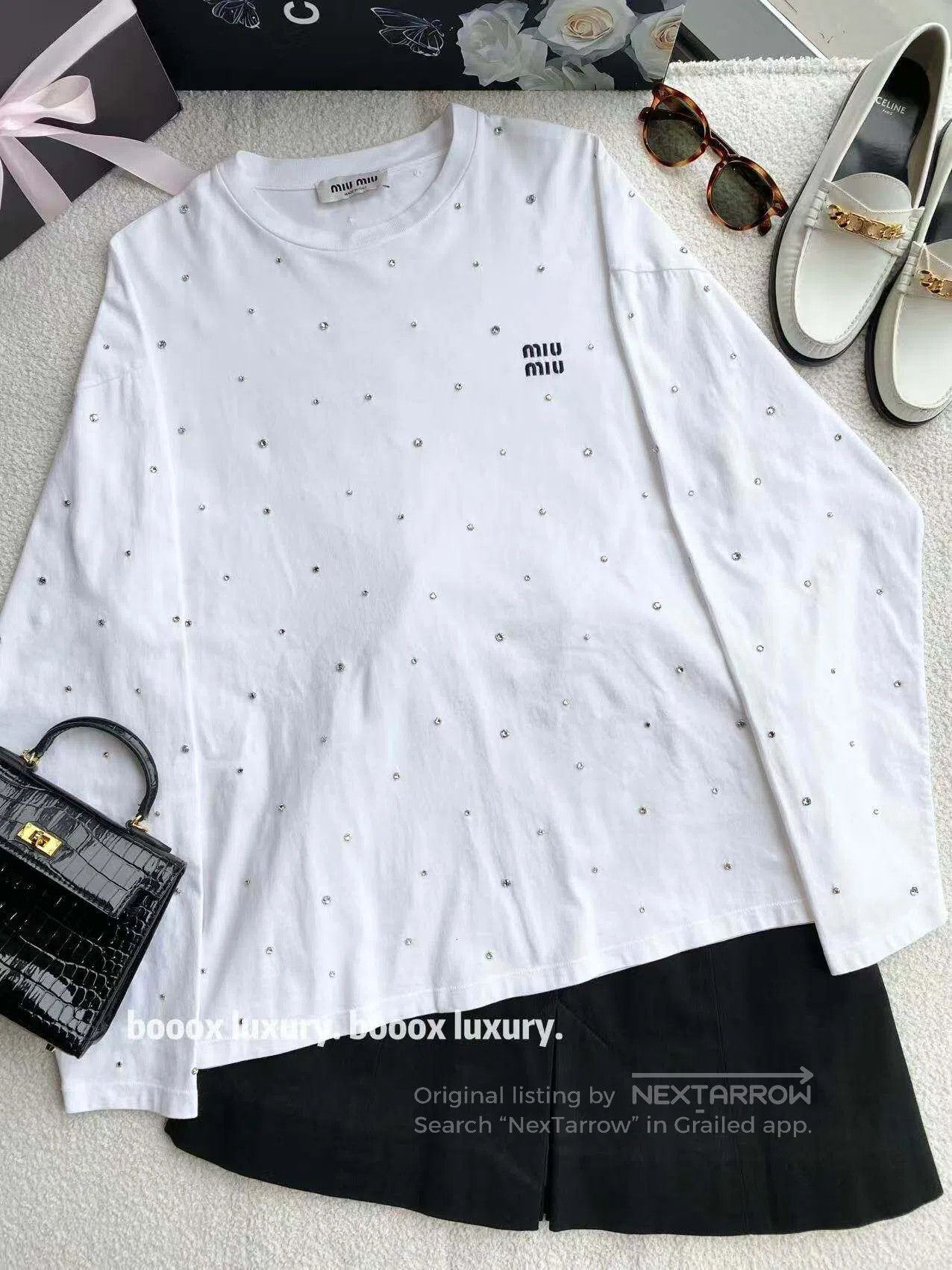 Miu Miu Miu Miu Embroidered logo full of diamonds long-sleeved T-s Size S / US 4 / IT 40 - 1 Thumbnail