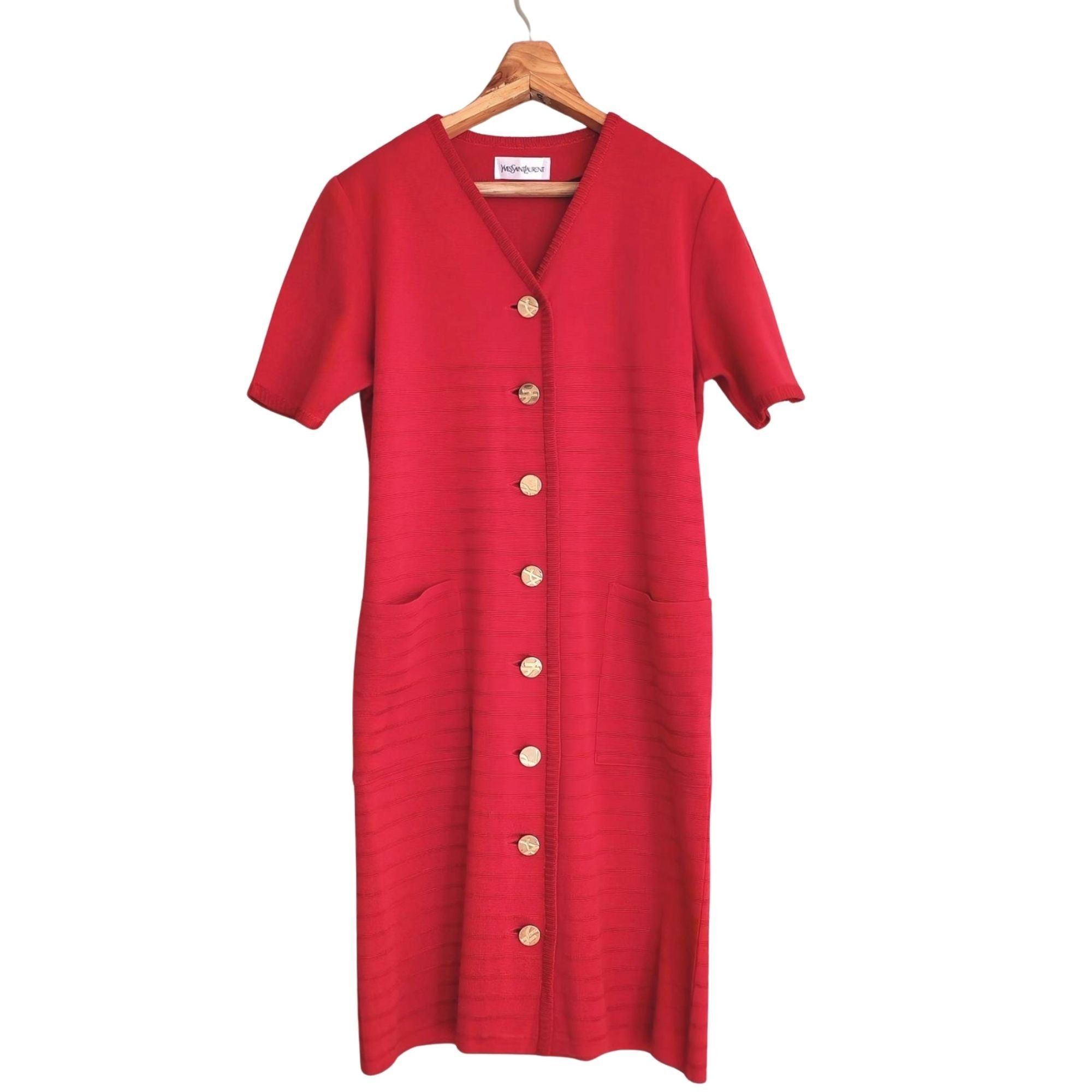 Yves Saint Laurent VTG-Classic YSL Red Knit Midi Dress Gold Buttons Rare V-Neck Size M / US 6-8 / IT 42-44 - 1 Thumbnail